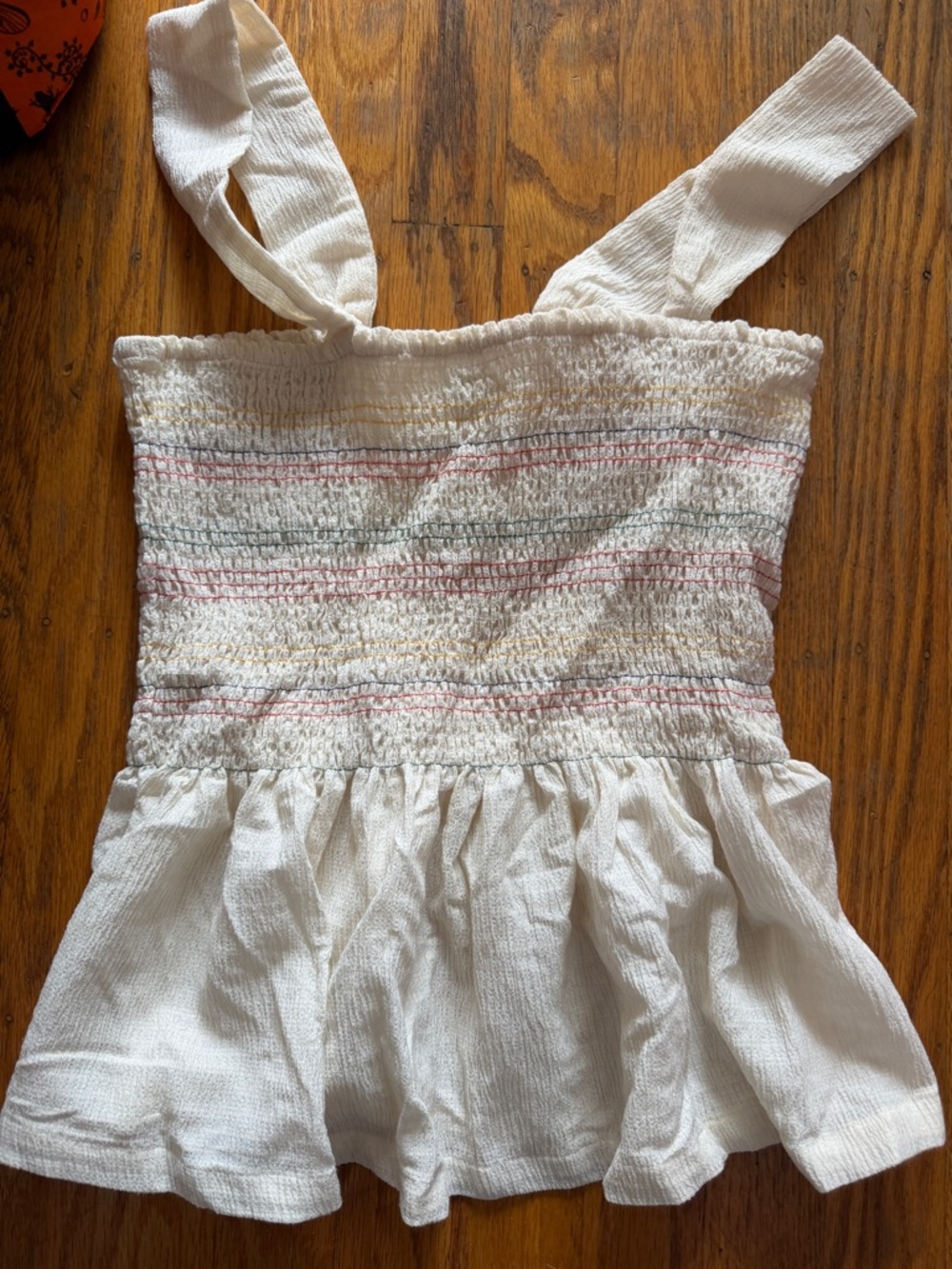 Madewell White Smocked Peplum Tank Top with Subtle Pastel Stripes